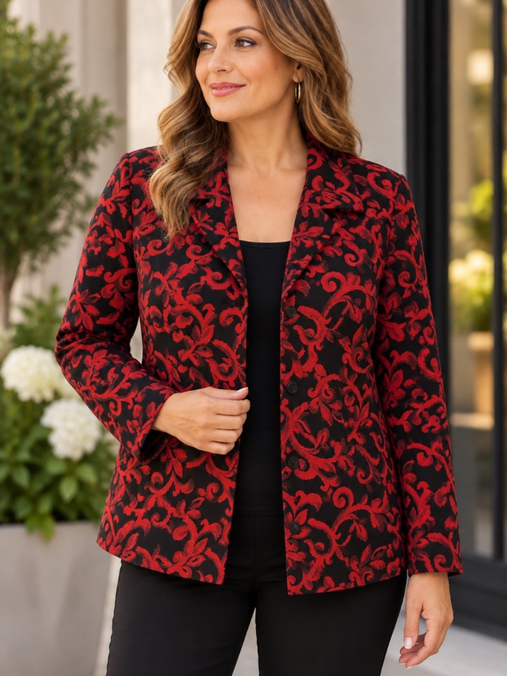 Briggs New York Women’s XL Red Black Floral Baroque Blazer Jacket Stretch
